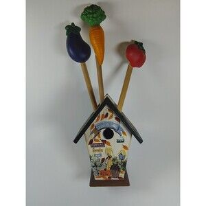Vtg Farmhouse Kitchen Utensils Holder Vegetables Wooden Spoon Spatula Set 1998